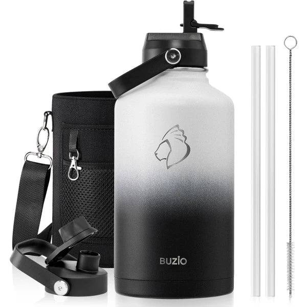 Buzio Duet Series Water Bottle with 2 Lids and Sleeve 1.9L - Black White