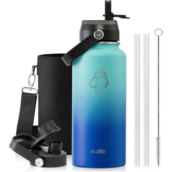Buzio Duet Series Water Bottle with 2 Lids and Sleeve 1.2L - Caribbean Blue