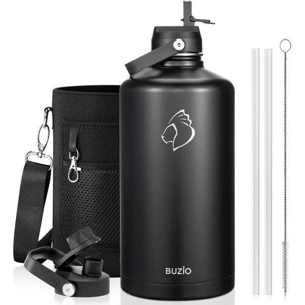 Buzio Duet Series Gallon Bottle with 2 Lids and Sleeve 3.8L - Black