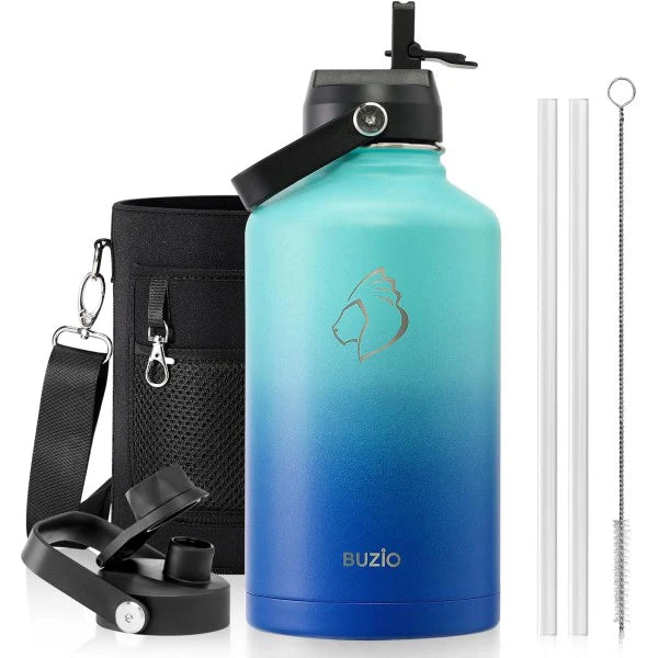 Buzio Duet Series Water Bottle with 2 Lids and Sleeve 1.9L - Caribbean Blue