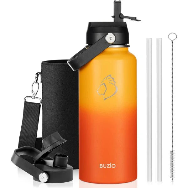 Buzio Duet Series Water Bottle with 2 Lids and Sleeve 1L - Yellow Orange