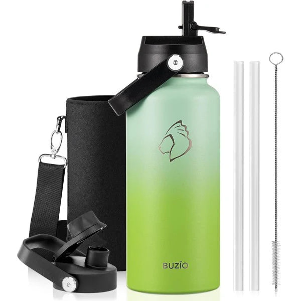 Buzio Duet Series Water Bottle with 2 Lids and Sleeve 1L - Gradient Green