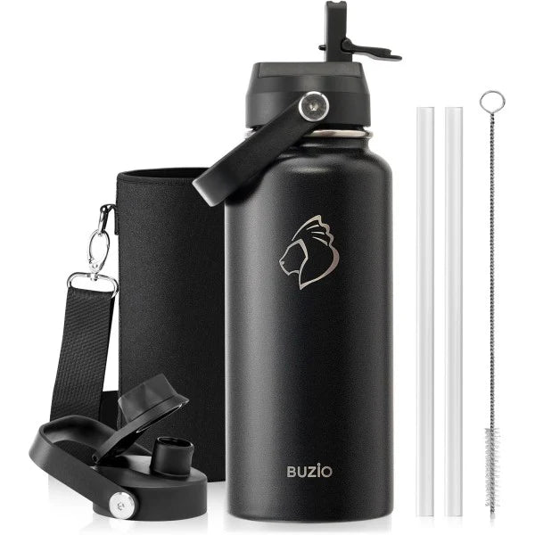Buzio Duet Series Water Bottle with 2 Lids and Sleeve 1L - Black