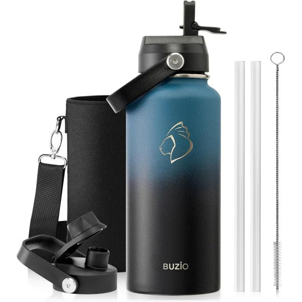 Buzio Duet Series Water Bottle with 2 Lids and Sleeve 1.2L - Indigo Crush