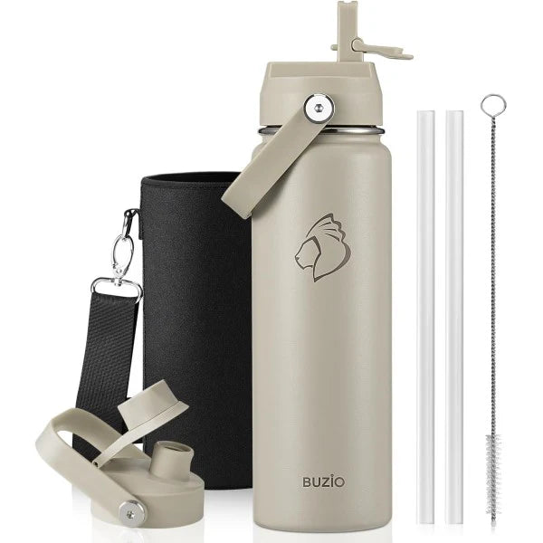 Buzio Duet Series Water Bottle with 2 Lids and Sleeve 700ML - Beige