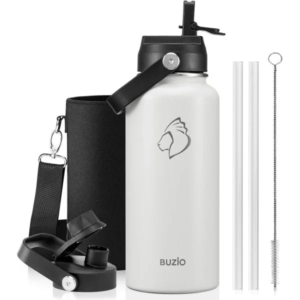 Buzio Duet Series Water Bottle with 2 Lids and Sleeve 1L - White