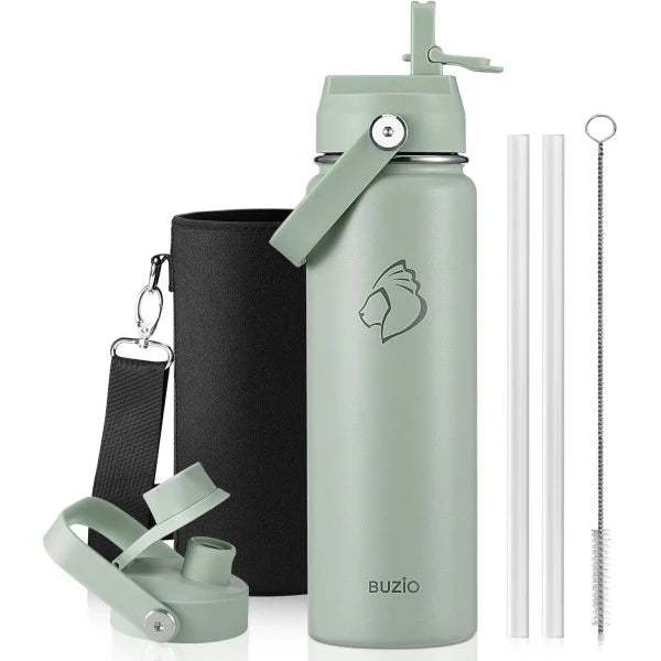 Buzio Duet Series Water Bottle with 2 Lids and Sleeve 700ML - Green