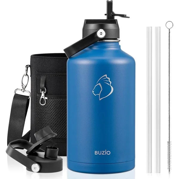 Buzio Duet Series Water Bottle with 2 Lids and Sleeve 1.9L - Blue