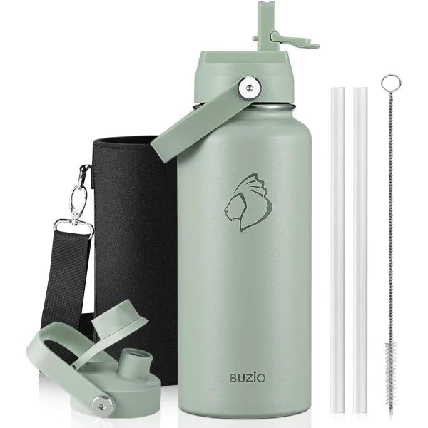 Buzio Duet Series Water Bottle with 2 Lids and Sleeve 1.2L - Green
