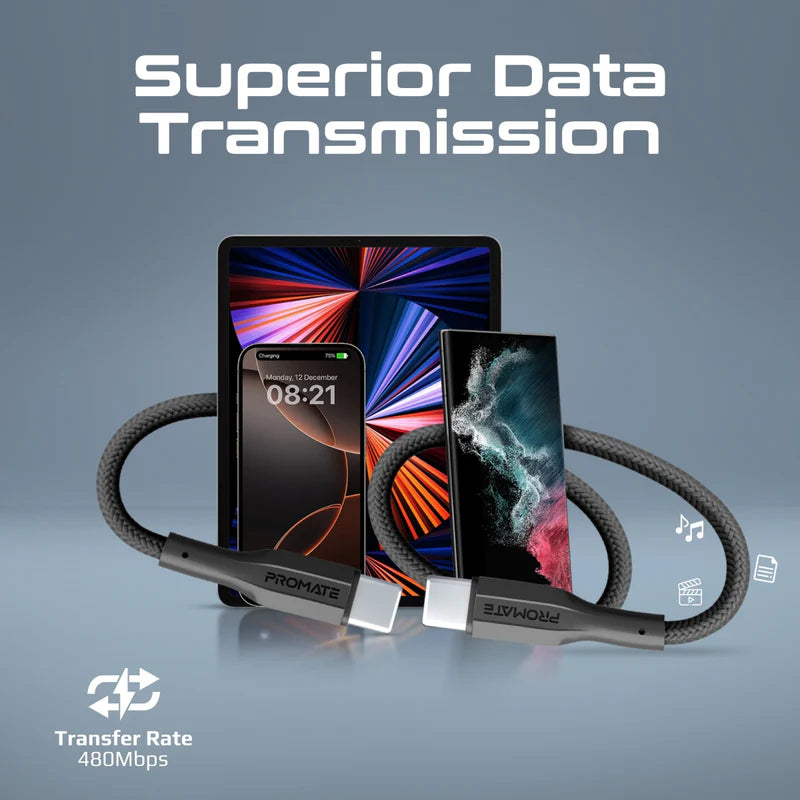 PROMATE 2M Super-Flexible 60W USB-C to USB-C Cable • 2A Standard Charging - Black