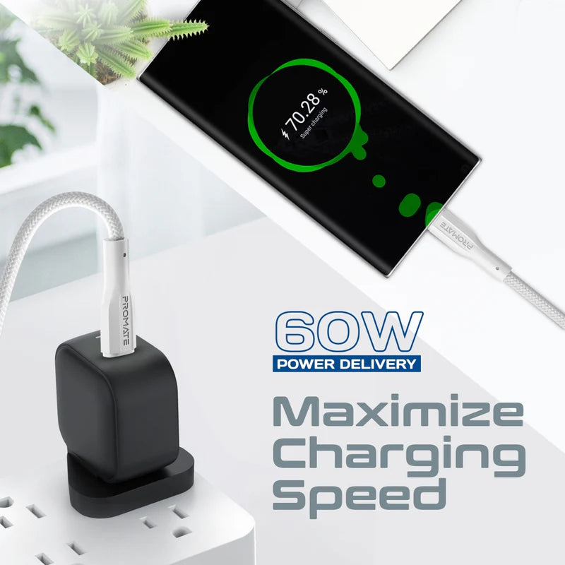 PROMATE 2M Super-Flexible 60W USB-C to USB-C Cable • 2A Standard Charging - White