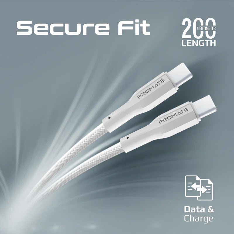 PROMATE 2M Super-Flexible 60W USB-C to USB-C Cable • 2A Standard Charging - White