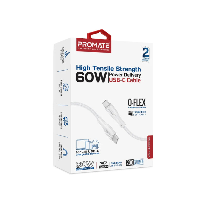 PROMATE 2M Super-Flexible 60W USB-C to USB-C Cable • 2A Standard Charging - White