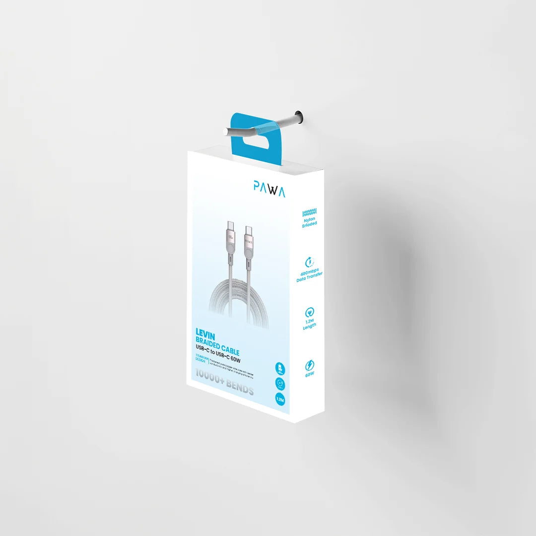 كابل باوا ليفين USB-C إلى USB-C مضفر، بطول 1.2 متر، وقوة 60 واط، من التيتانيوم الرمادي PW-12BDC253-GYTT