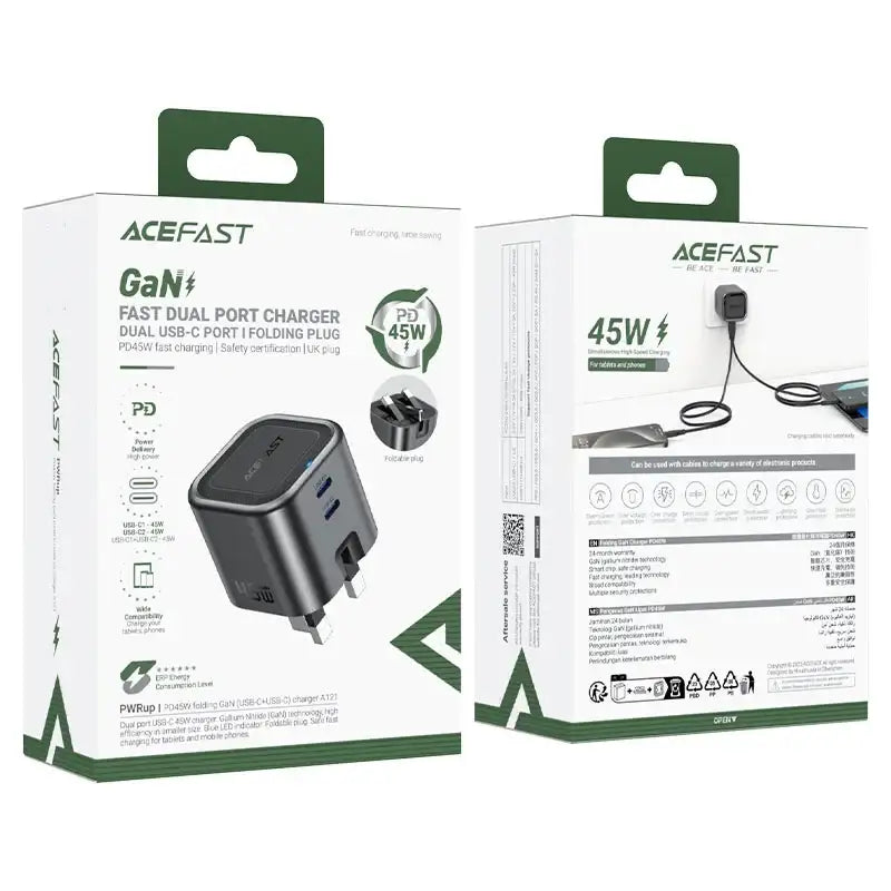 AceFast | 18500 | A121 | PD45W Folding Gan (C+C) Charger Metal | Black - GulfStore.com