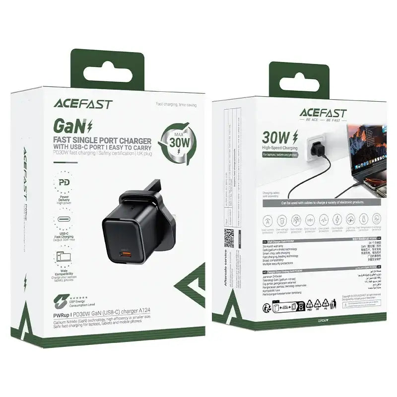 AceFast | 18494 | A124 | PD30W Gan (Usb C) Charger Display Set (P5) | UK | Black - GulfStore.com