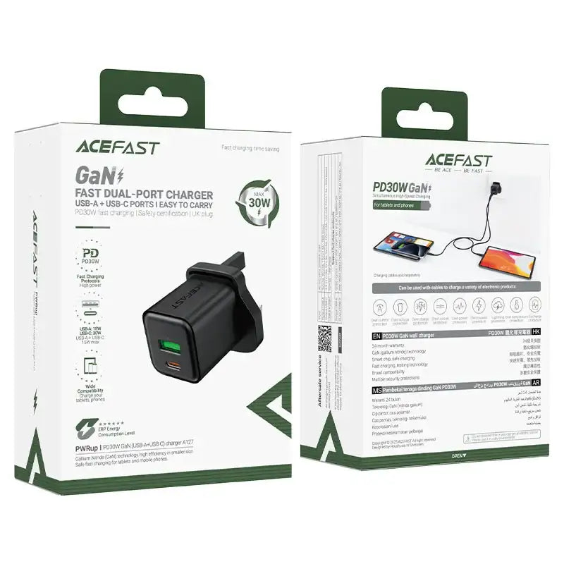 AceFast | 18496 | A127 | PD30W Gan (Usb A+Usb C) Charger | UK | Black - GulfStore.com