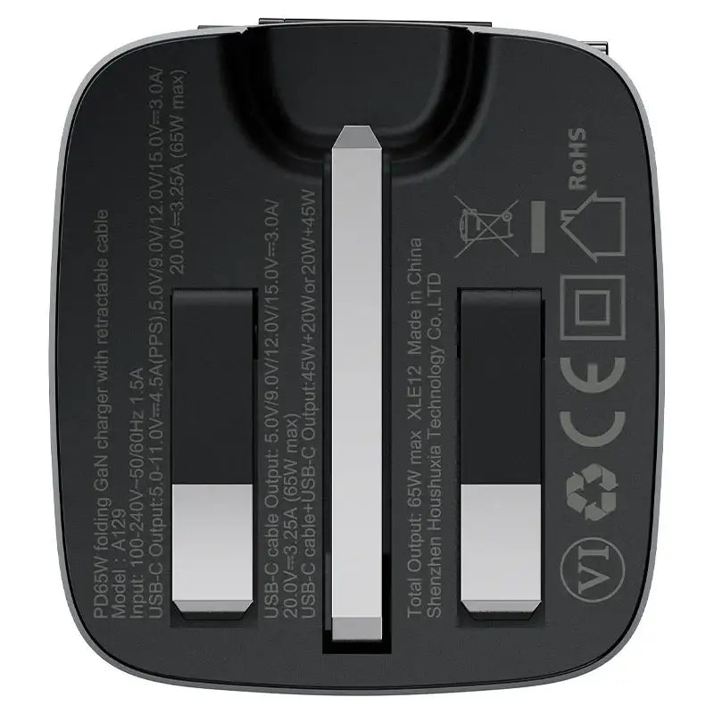 AceFast | 18502 | A129 | PD65W Folding Gan Charger (Usb C+Usb C) With Retractable Cable | UK | Black - GulfStore.com