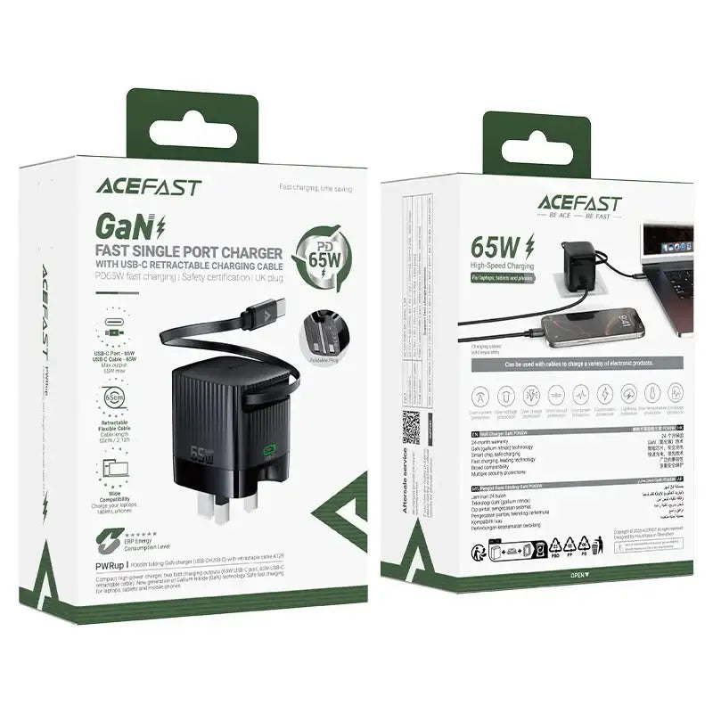 AceFast | 18502 | A129 | PD65W Folding Gan Charger (Usb C+Usb C) With Retractable Cable | UK | Black - GulfStore.com
