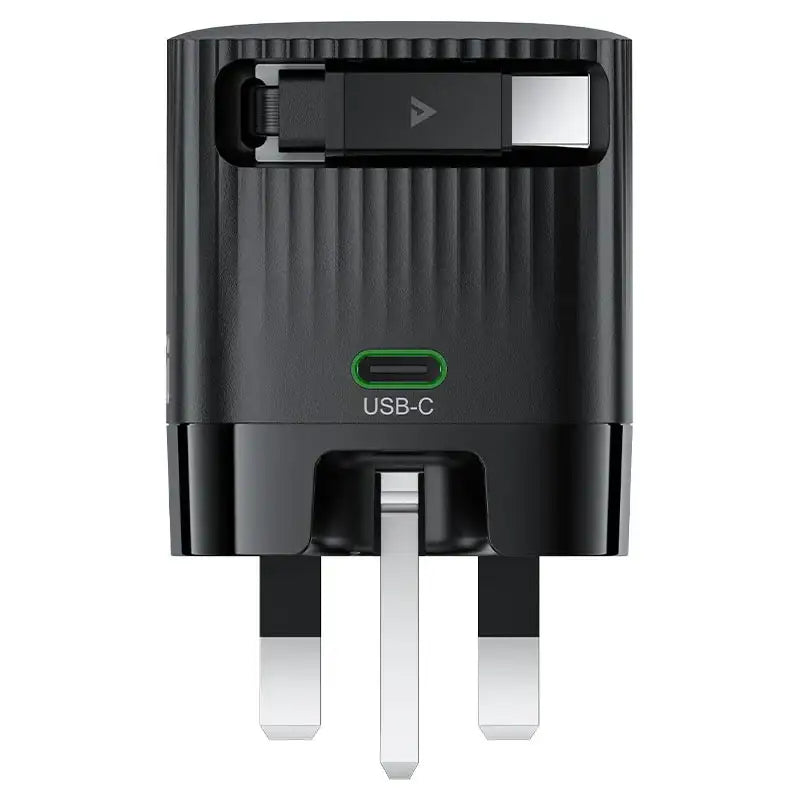 AceFast | 18502 | A129 | PD65W Folding Gan Charger (Usb C+Usb C) With Retractable Cable | UK | Black - GulfStore.com