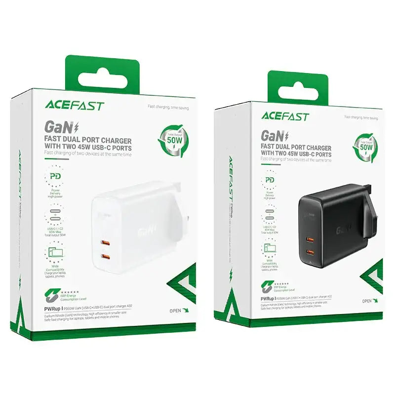 AceFast | 15873 | A32 | PD50W Gan (Usb C+Usb C) Dual Port Charger | UK | Black - GulfStore.com