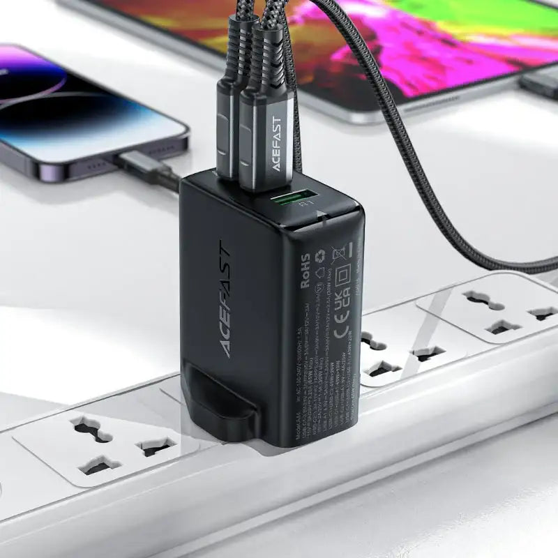AceFast | 15871 | A44 | PD65W Gan (2*Usb C+Usb A) Charger | UK | Black - GulfStore.com