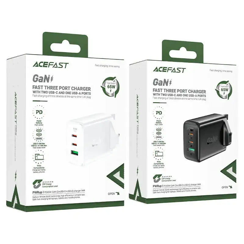 AceFast | 15871 | A44 | PD65W Gan (2*Usb C+Usb A) Charger | UK | Black - GulfStore.com