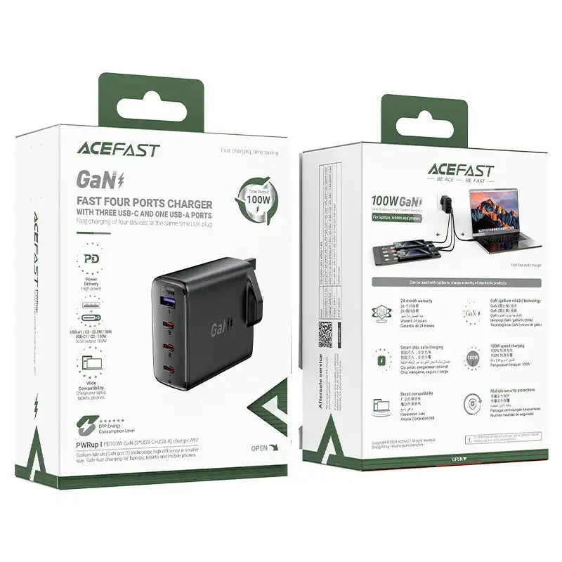 AceFast | 17300 | A97 | PD100W Gan (3*Usb C+Usb A) Charger | UK | Black - GulfStore.com