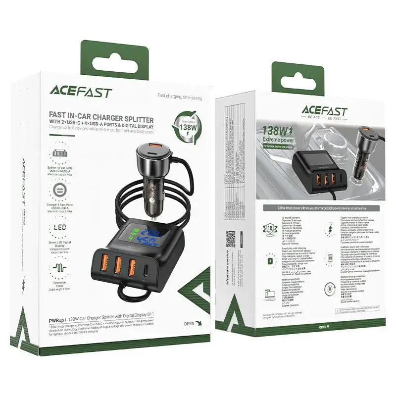 AceFast | 15877 | B11 | 138W Car Charger Splitter With Digital Display | Black - GulfStore.com