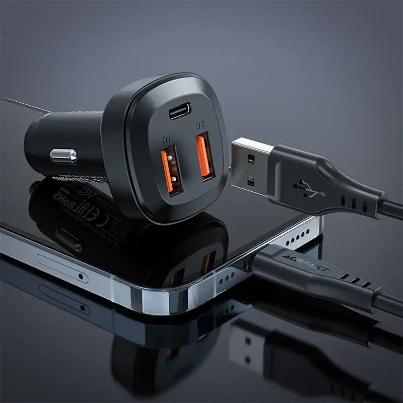 AceFast | 15879 | B9 | 66W(2Usb A+Usb C) Three Port Metal Car Charger | Black - GulfStore.com