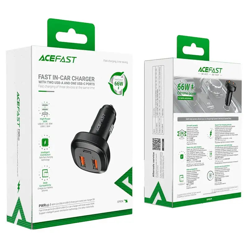 AceFast | 15879 | B9 | 66W(2Usb A+Usb C) Three Port Metal Car Charger | Black - GulfStore.com