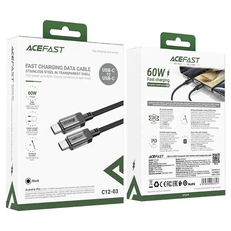 AceFast | 17945 | C12-03 | Usb C To Usb C Transparent Shell Stainless Steel Charging Data Cable | Black - GulfStore.com