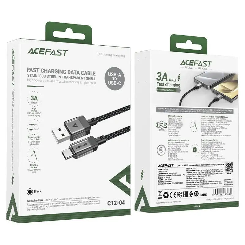 AceFast | 18477 | C12-04 | Usb A To Usb C Transparent Shell Stainless Steel Charging Data Cable | Black - GulfStore.com