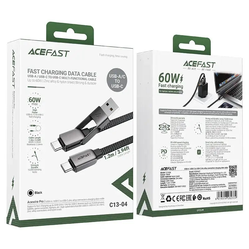 AceFast | 17964 | C13-04 | Usb A/Usb C To Usb C Zinc Alloy Connectors Charging Data Cable | Black - GulfStore.com