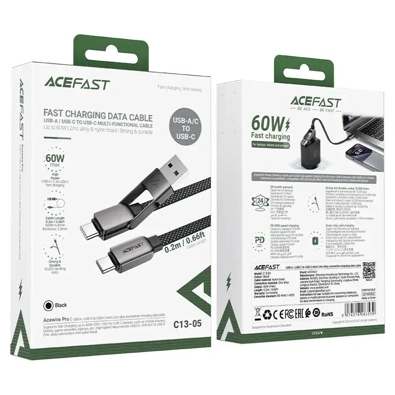 AceFast | 17965 | C13-05 | Usb A/Usb C To Usb C Short Zinc Alloy Connectors Charging Data Cable | Black - GulfStore.com
