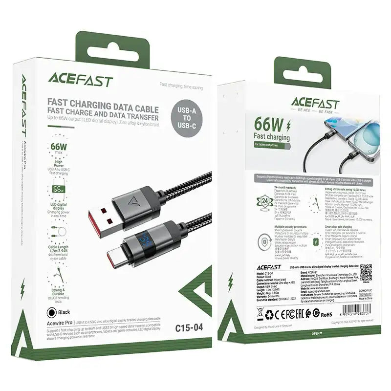 AceFast | 17957 | C15-04 | Usb A To Usb C Zinc Alloy Digital Display Braided Charging Data Cable | Black - GulfStore.com