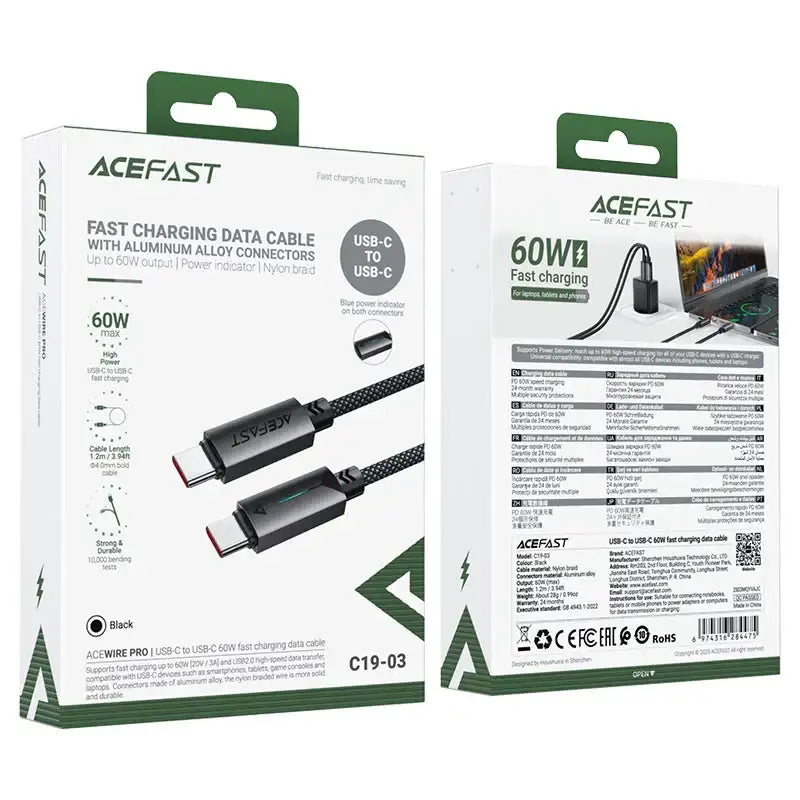 AceFast | 18476 | C19-03 | Usb C To Usb C 60W Fast Charging Data Cable | Black - GulfStore.com