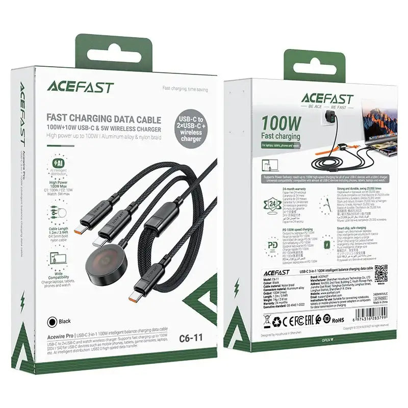 AceFast | 17966 | C6-11 | Usb C 3 In 1 100W Intelligent Balance Charging Data Cable | Black - GulfStore.com