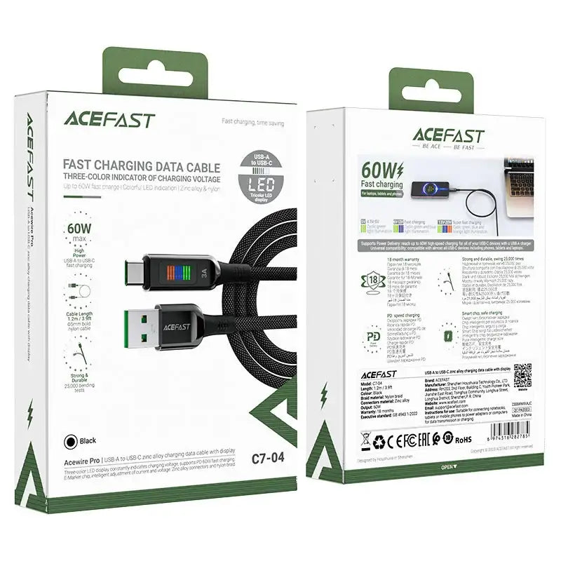 AceFast | 17955 | C7-04 | Usb A To Usb C Zinc Alloy Charging Data Cable With Display | Black - GulfStore.com
