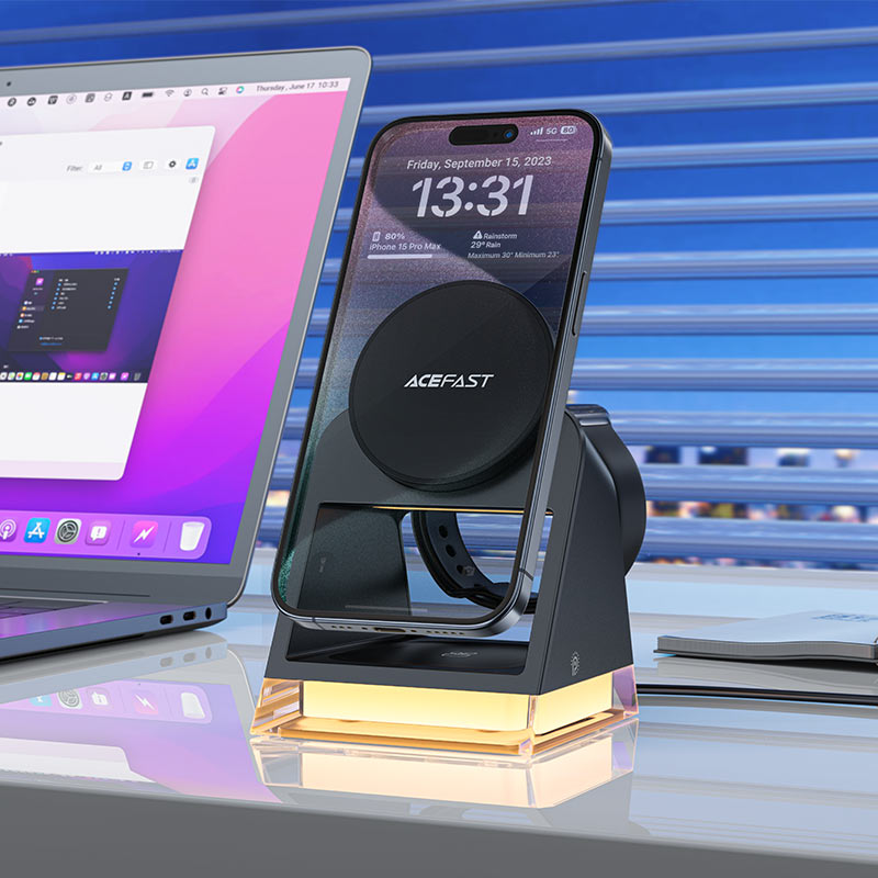 AceFast | 15912 | E17 | Desktop 3 In 1 Wireless Charging Holder | Black