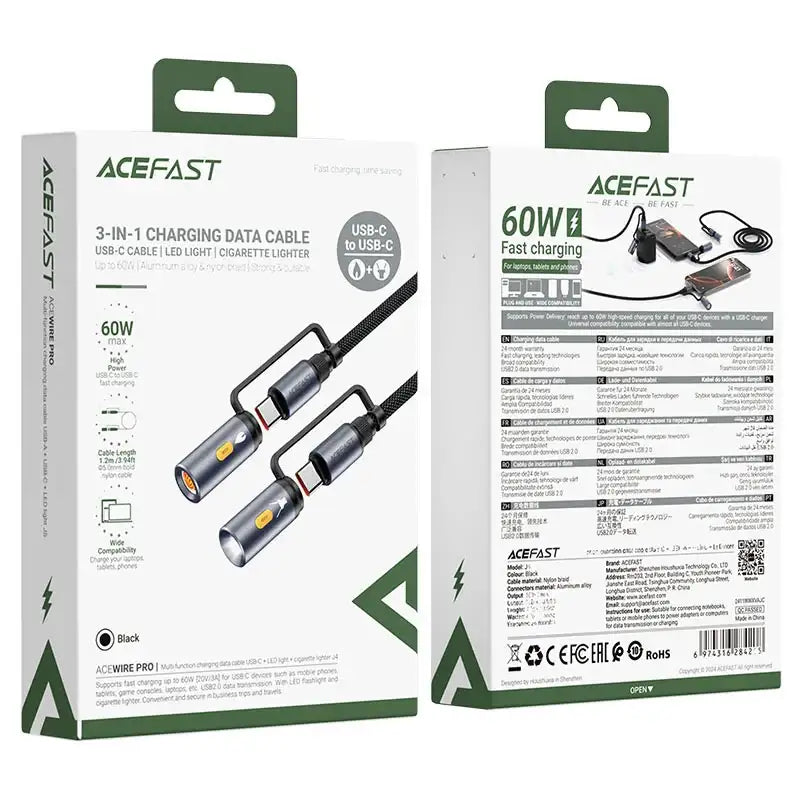 AceFast | 18490 | J4 | Multifunction Charging Data Cable Usb C+ Led Light + Cigarette Lighter | Black - GulfStore.com