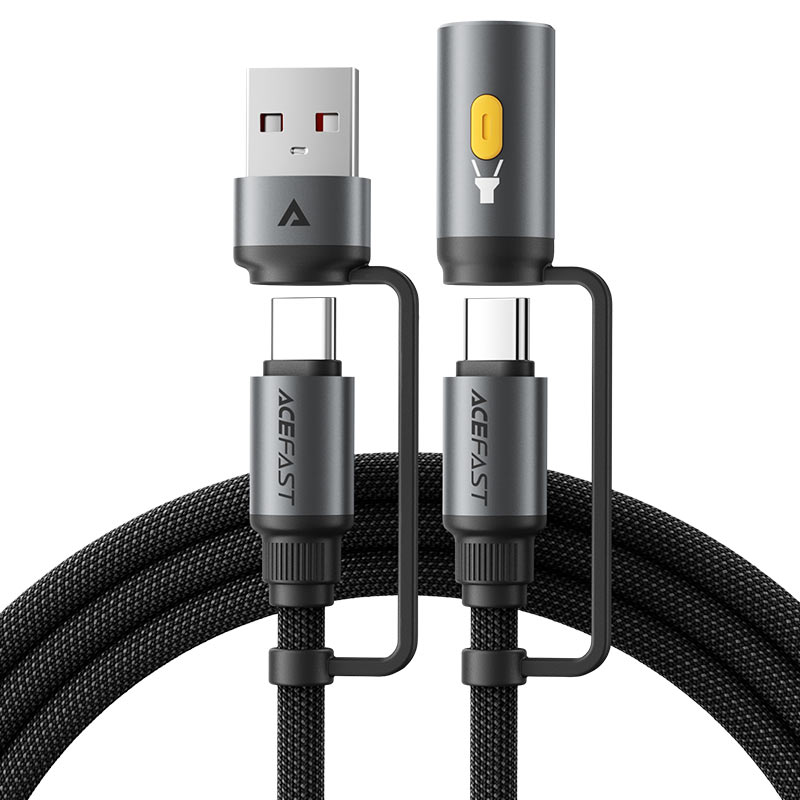 AceFast | 18489 | J5 | Multi-Function Charging Data Cable Usb-A+ Usb-C+ Led Light | Black