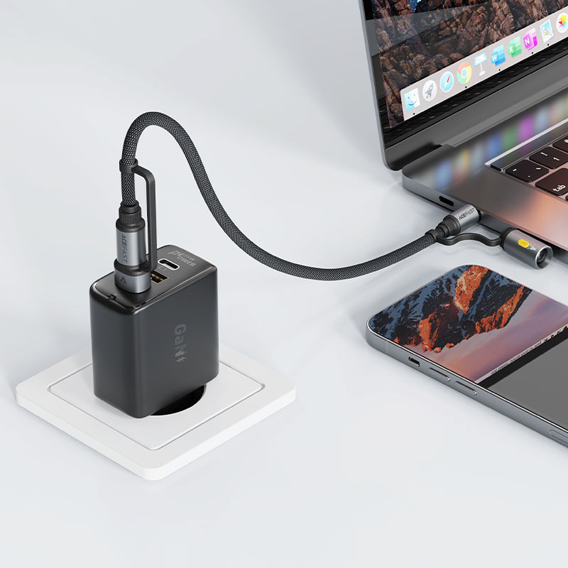 AceFast | 18489 | J5 | Multi-Function Charging Data Cable Usb-A+ Usb-C+ Led Light | Black
