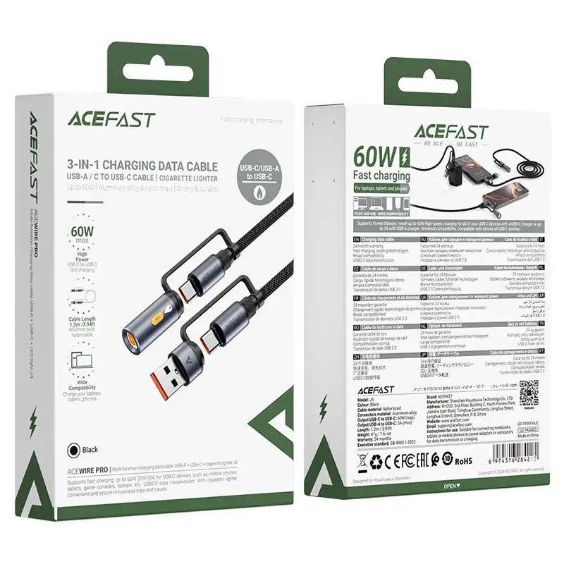 AceFast | 18488 | J6 | Multifunction Charging Data Cable Usb-A Usb-C Cigarette Lighter | Black - GulfStore.com