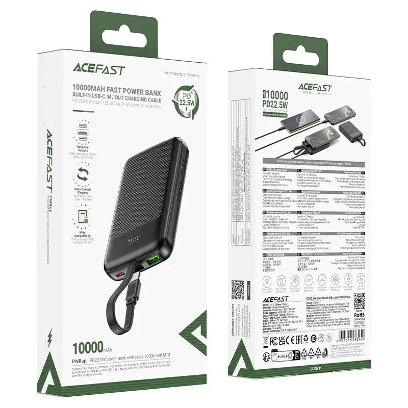 AceFast | 17971 | M13 | 10000 PD22.5W Power Bank With Cable | Black - GulfStore.com