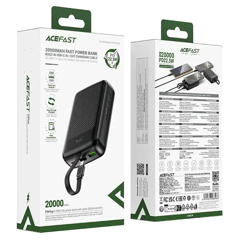 AceFast | 17970 | M14 | 20000 PD22.5W Power Bank With Cable | Black - GulfStore.com