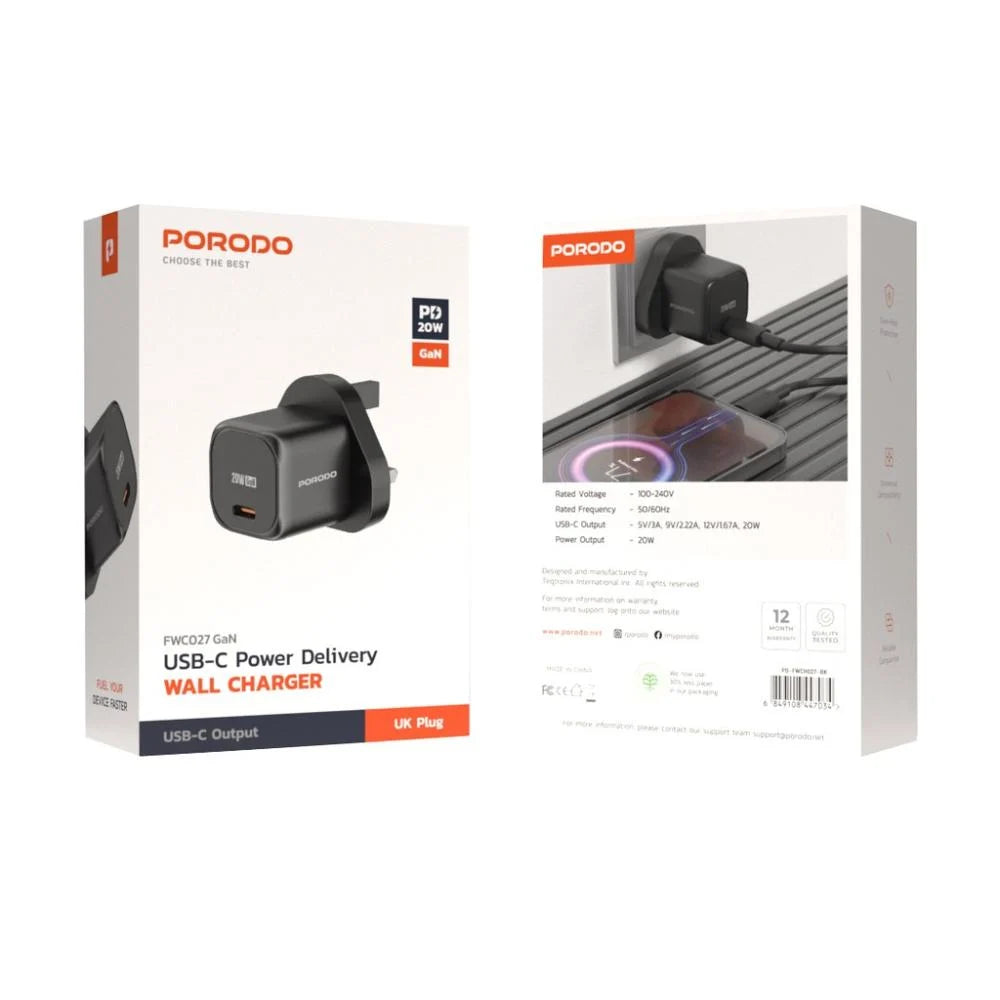 PD-FWCH027-BK | Porodo USB-C Power Delivery GaN Wall Charger UK | Black