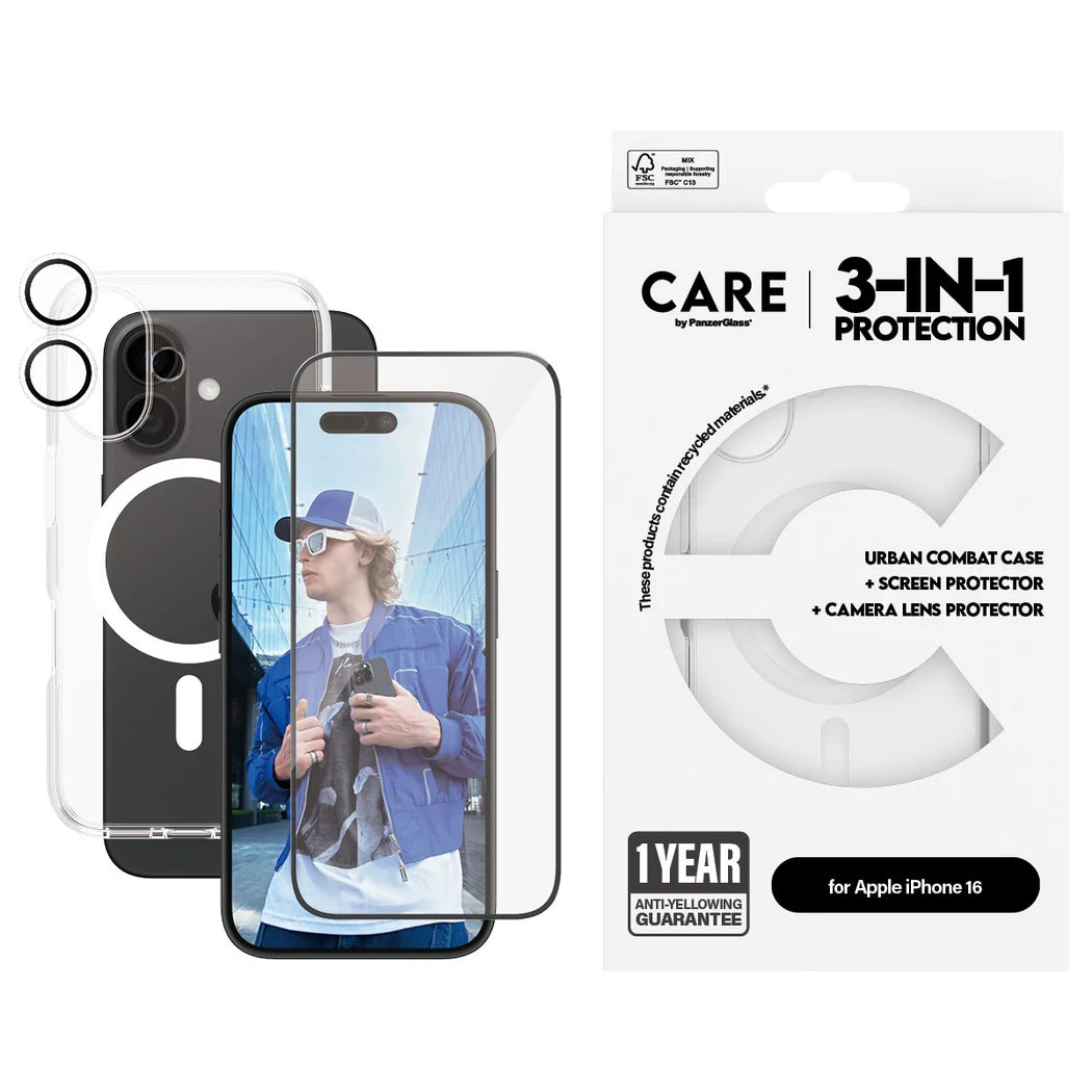 مجموعة CARE من PanzerGlass 3 في 1 لهاتف iPhone 16