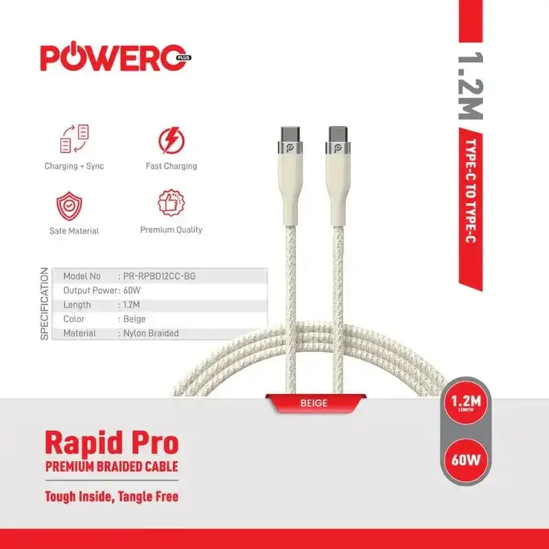 PR-RPBD12CC-BG , PowerO+ Rapid Pro Premium Braided Cable USB-C to USB-C 60W , 1.2M Beige - GulfStore.com