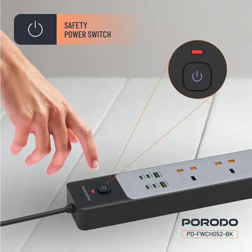 FWCH052- BK | Porodo 3AC | 45W | 300W Power Strip | Black - GulfStore.com